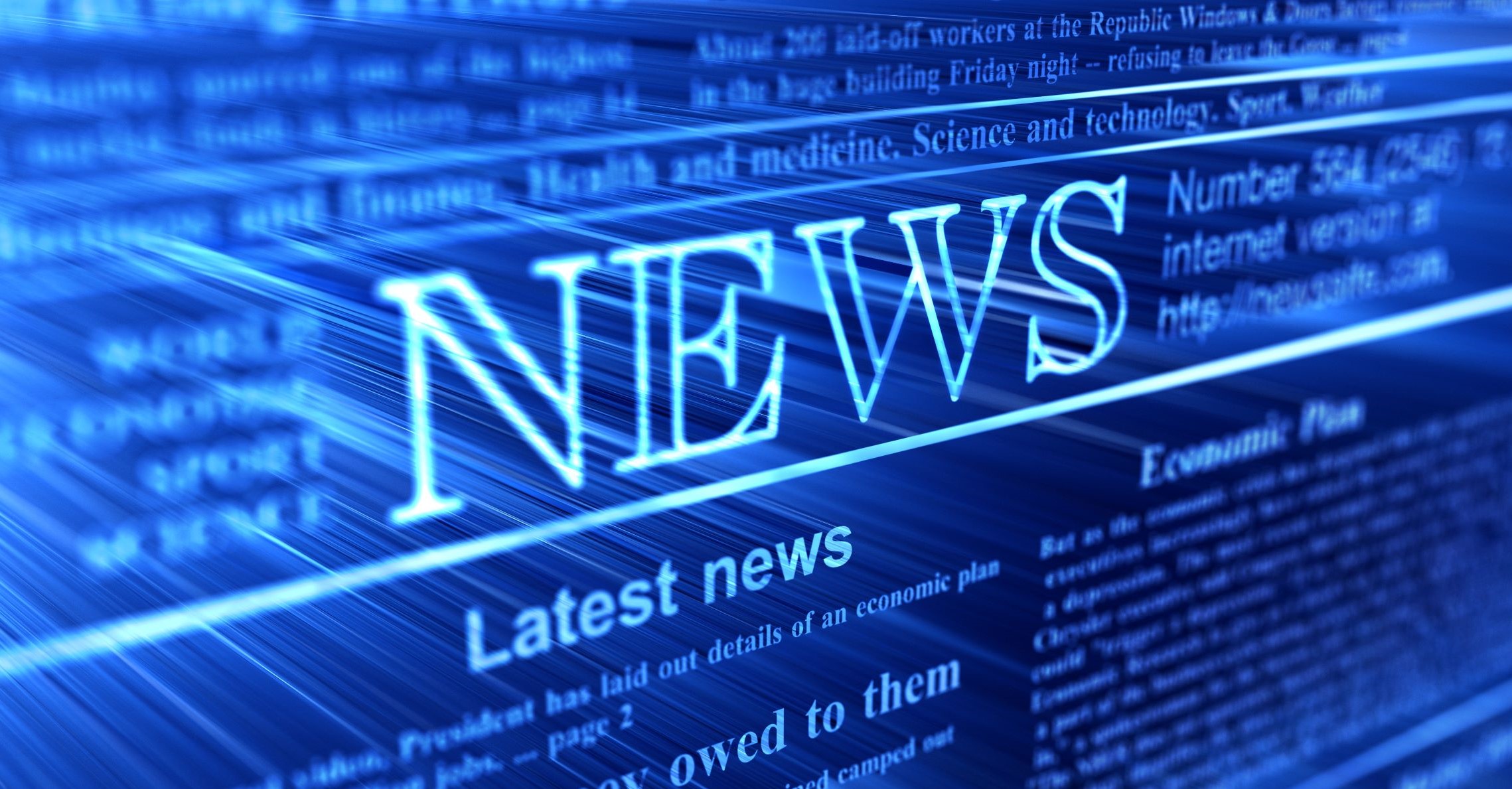 An illustration of blue background with typeset words and the headline NEWS